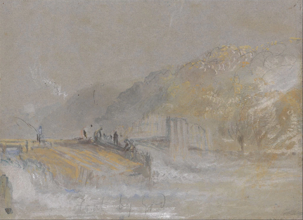 Paesaggio fluviale con pescatori che pescano da uno sbarramento, 1830